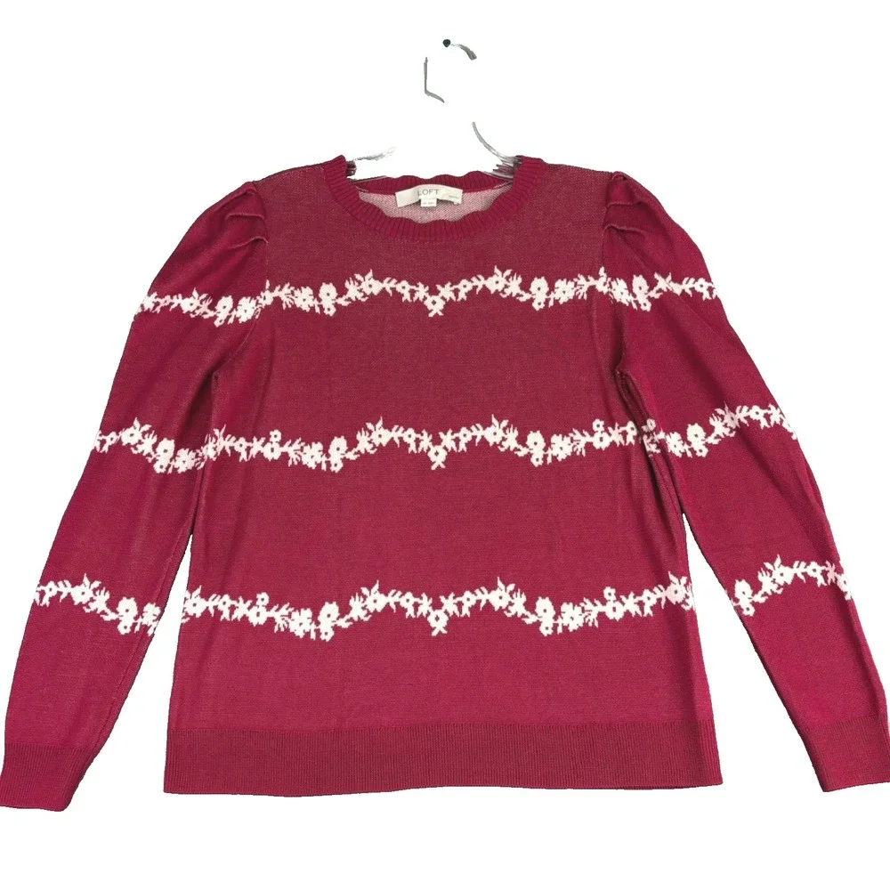 LOFT‎ Petite M Sweater Red White Floral Puff Sleeve Knit Top Scallop Neck Preppy